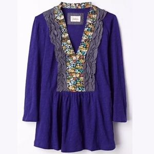 DELETTA Purple Printed Tuxedo Tee Shirt Blouse Pleated VNeck Layering knits Tops